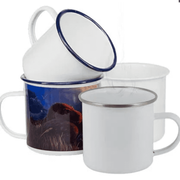 12 oz enamel mugs with different coloured rims with a sample image