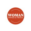 Plastic button with woman owned and proud text